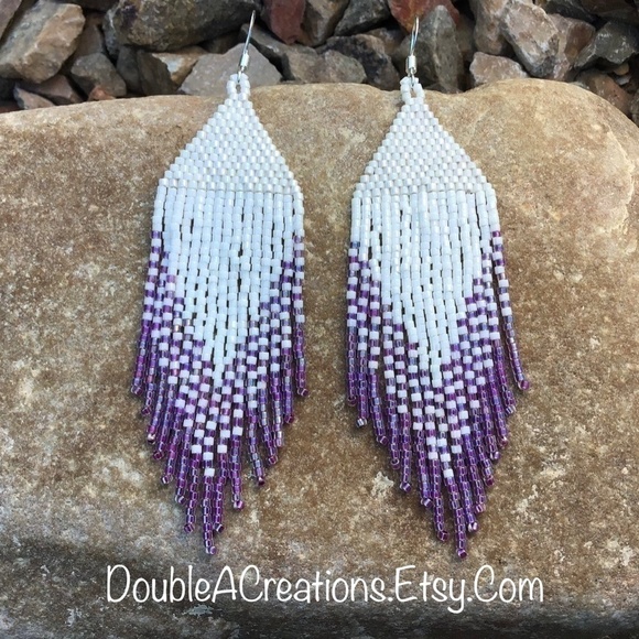 Purple Rainbow Lined and White Beaded Earrings, New, Handmade by Me - Picture 6 of 7